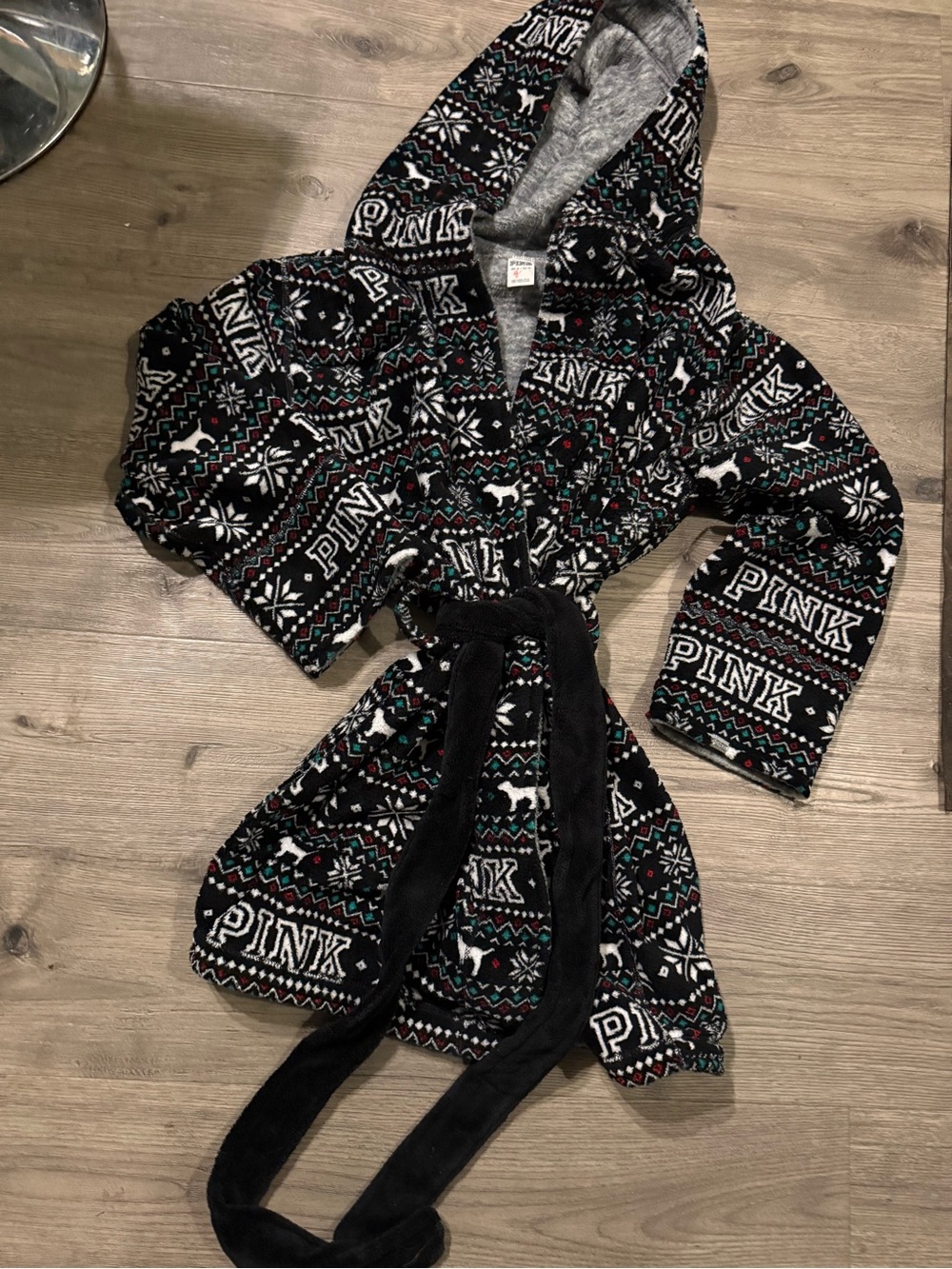 PINK Victoria's Secret Black Holiday Pattern Hooded Fleece Robe